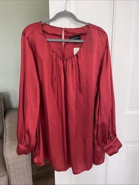 NWT Lane Bryant Size 24 Satin Blouse Dark Cinnamon Color Long Sleeves